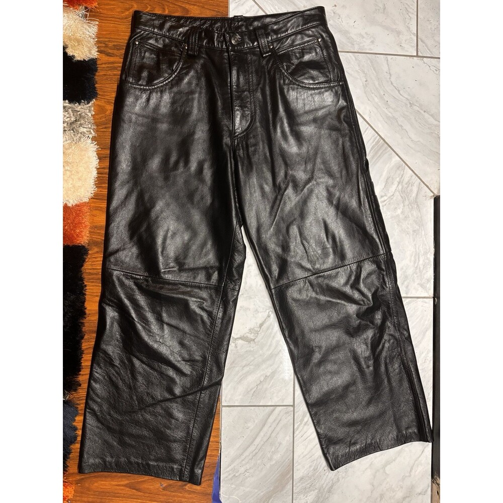 Men's Black Leather Straight-Leg Pants